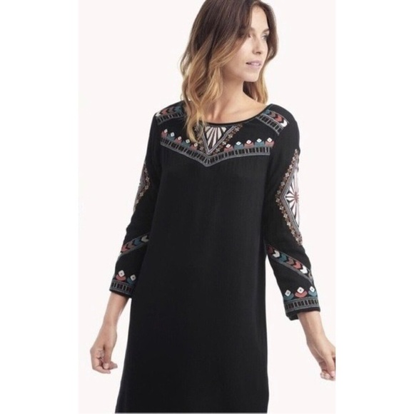 ELLA MOSS Embroidered Joss Shift Dress Retro Black Metallic Boho X-Small - Picture 1 of 16